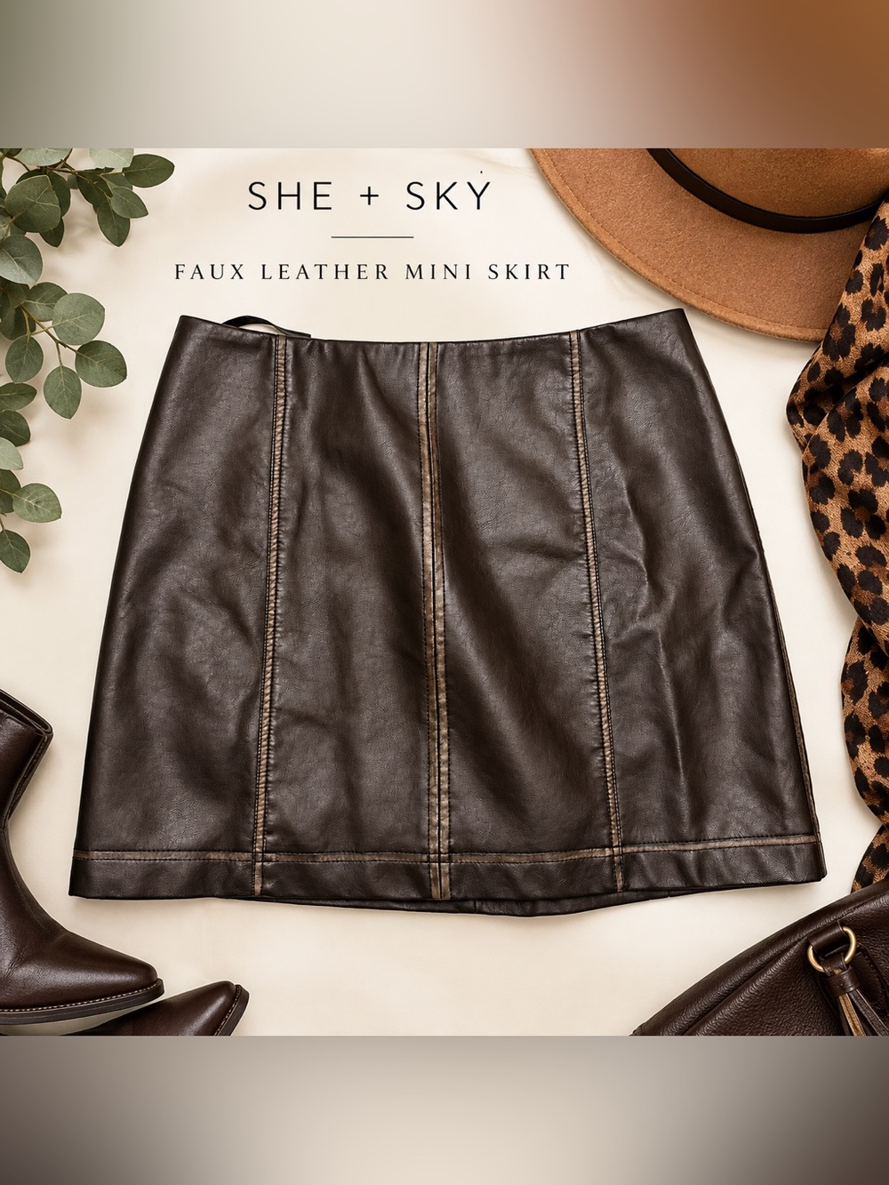 She + Sky Dark Brown Faux Leather Mini Skirt Medium Fall Western